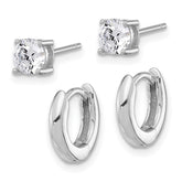 Sterling Silver RH-plated 2.5mm Huggie Hoops/5mm CZ Stud Earrings Set